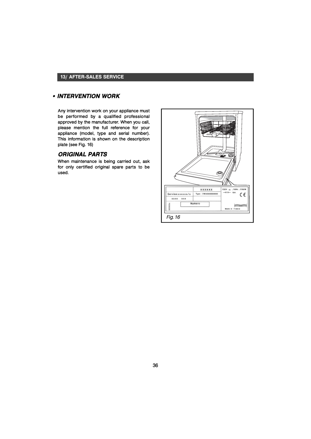 CDA WF250SS manual Intervention Work, Original Parts, 13/ AFTER-SALES SERVICE 