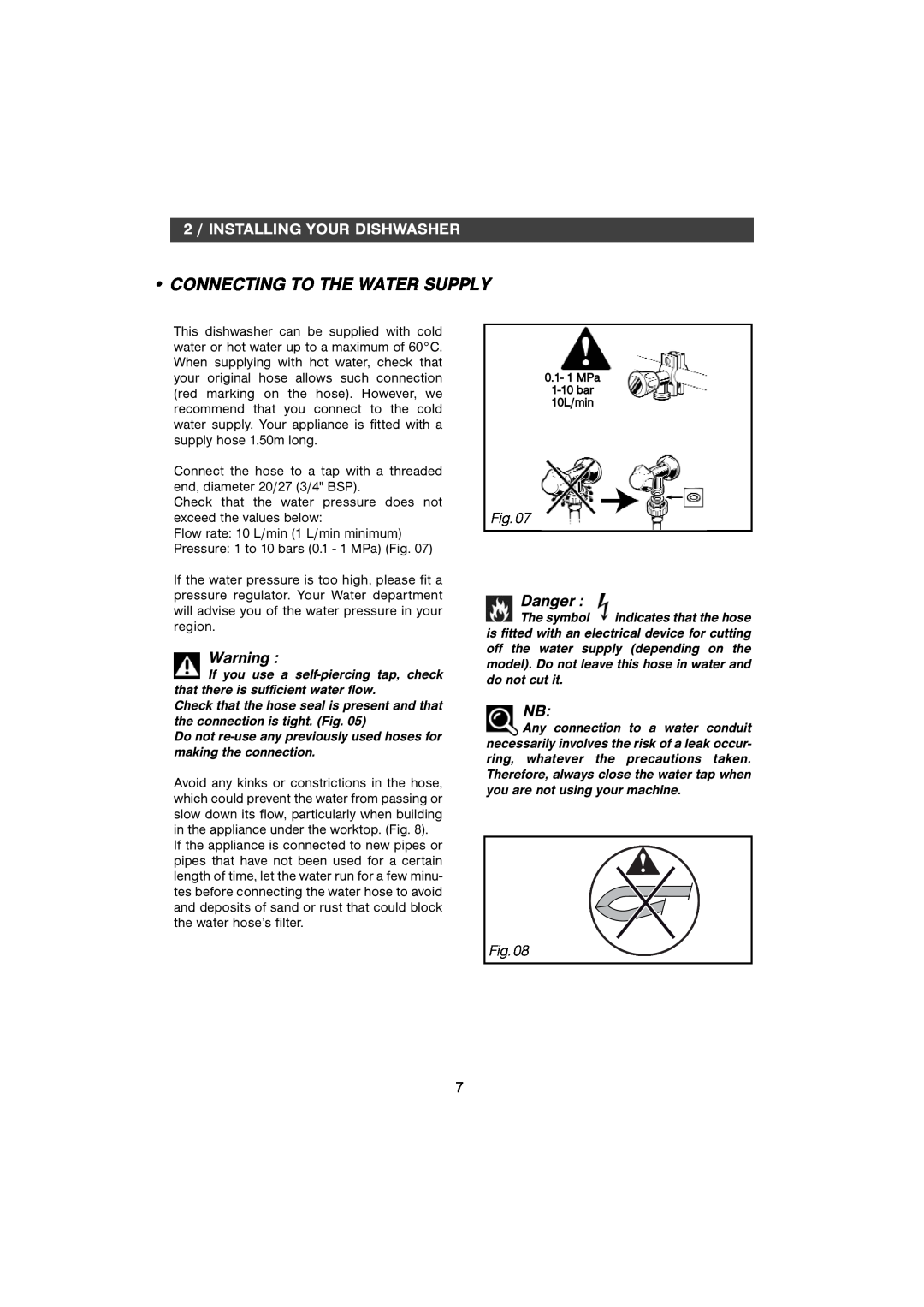 CDA WF250SS manual Connecting To The Water Supply, Danger, 2 / INSTALLING YOUR DISHWASHER 