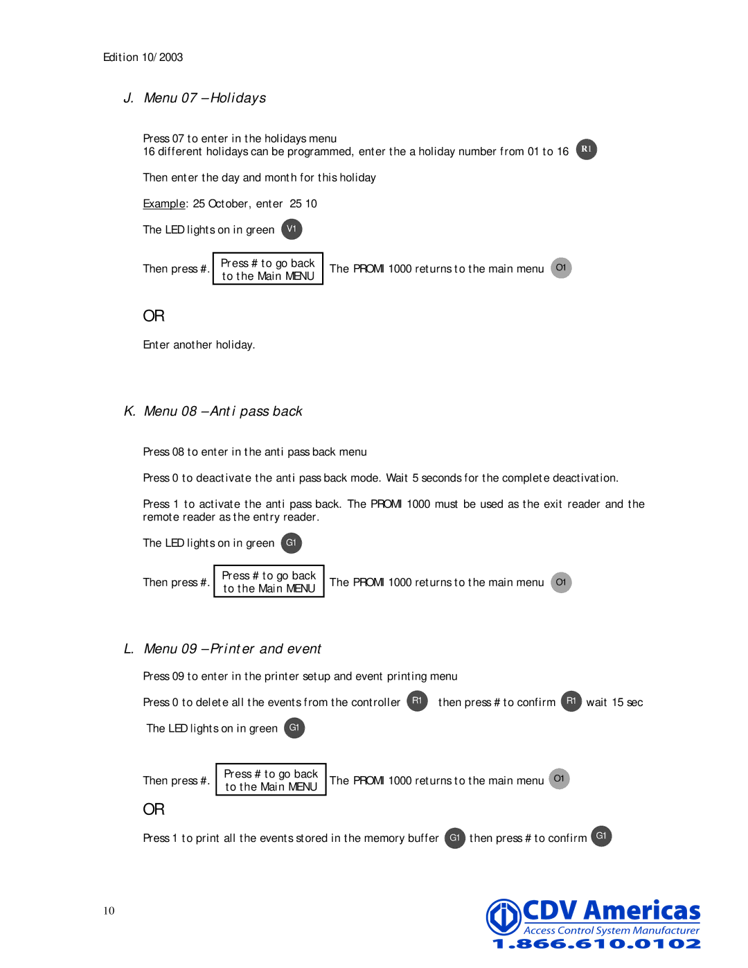 CDV Software PROMI 1000 manual Menu 07 Holidays, Menu 08 Anti pass back, Menu 09 Printer and event 