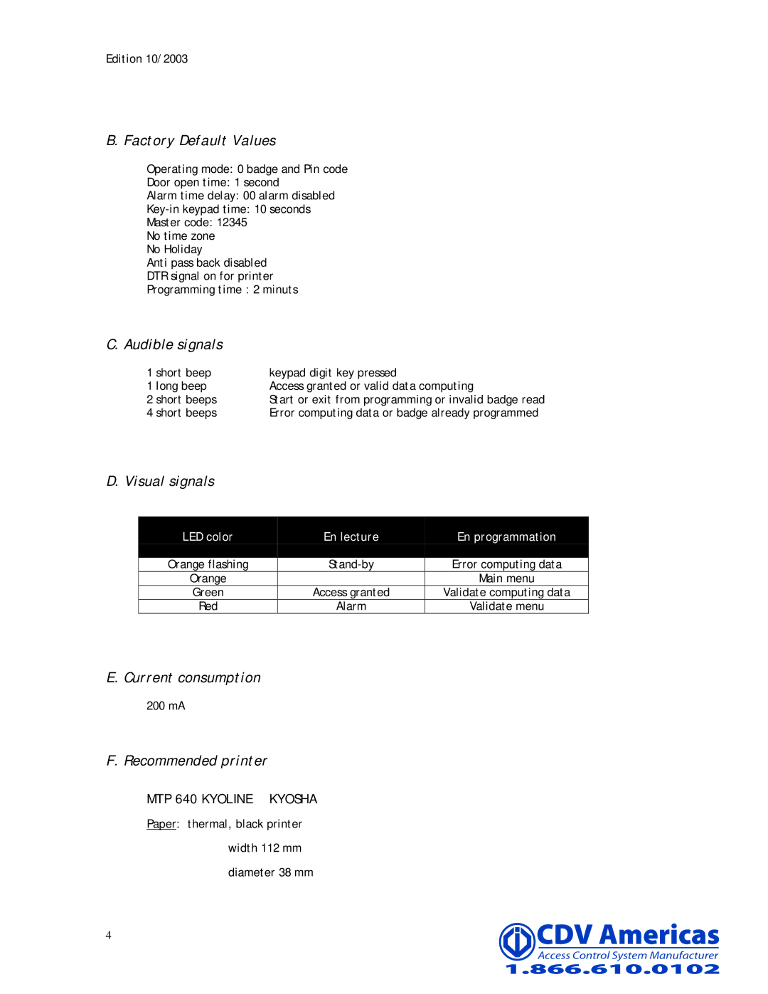 CDV Software PROMI 1000 Factory Default Values, Audible signals, Visual signals, Current consumption, Recommended printer 