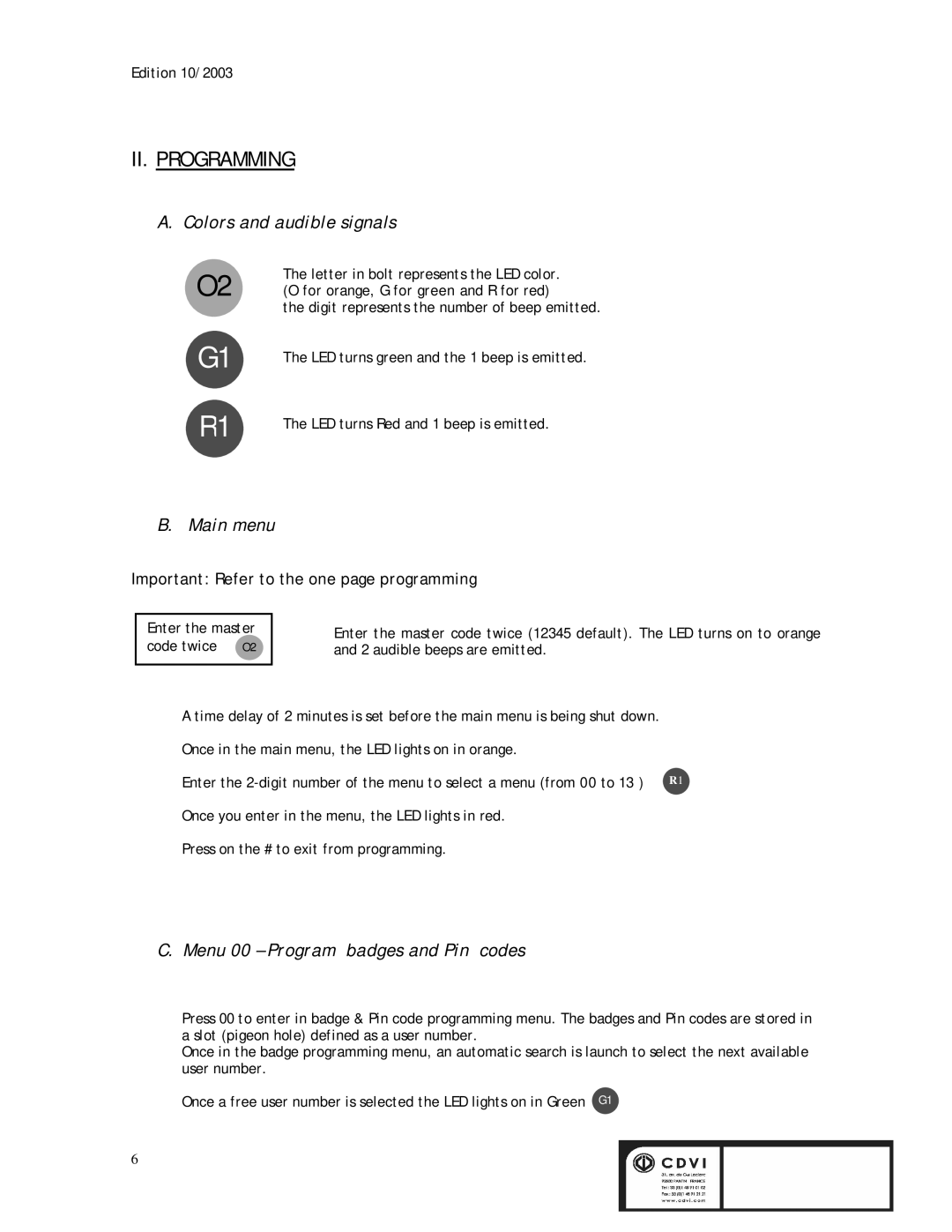 CDV Software PROMI 1000 manual Colors and audible signals, Main menu, Menu 00 Program badges and Pin codes, Code twice 