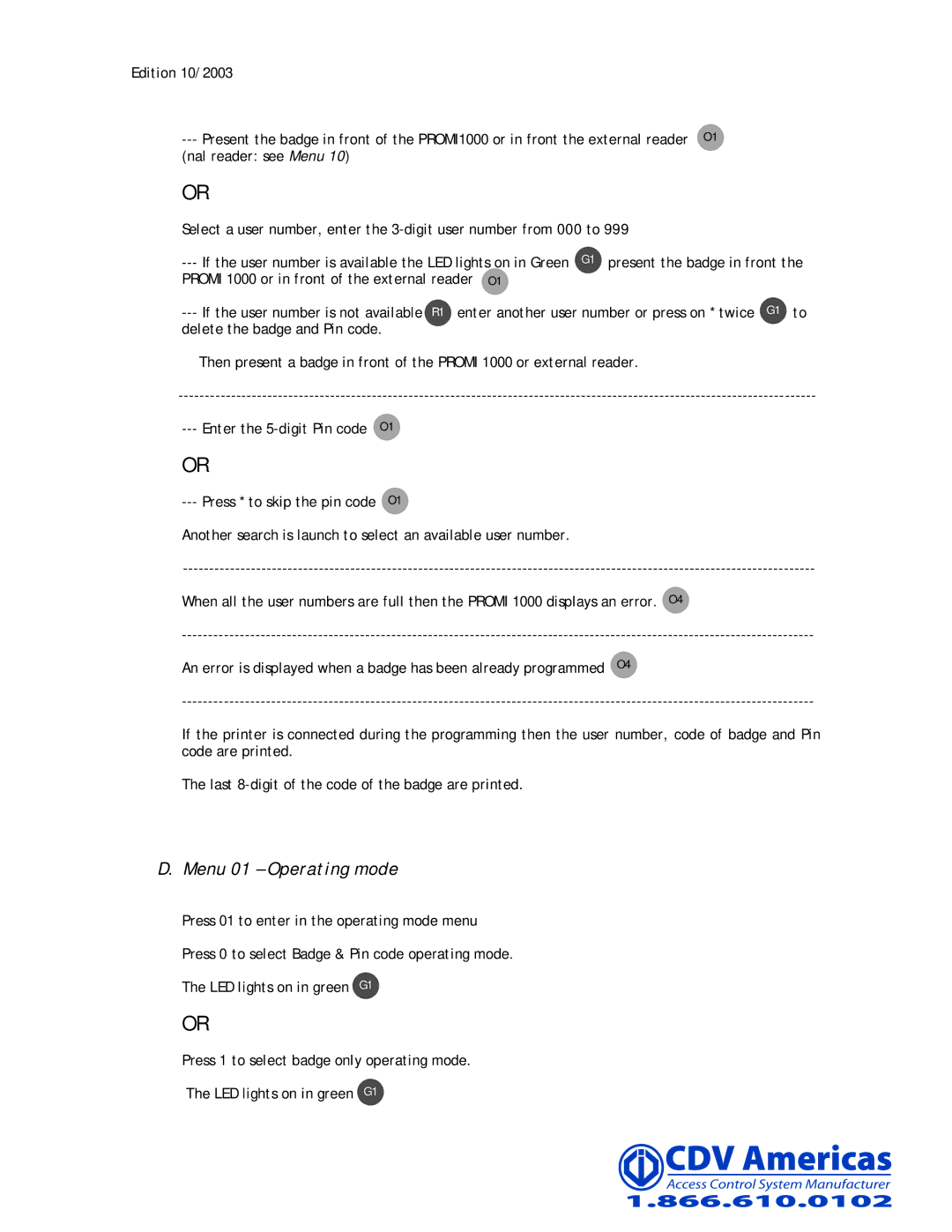 CDV Software PROMI 1000 manual Menu 01 Operating mode 