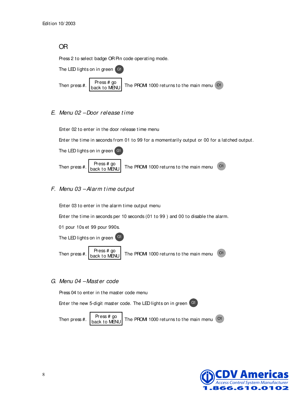 CDV Software PROMI 1000 Menu 02 Door release time, Menu 03 Alarm time output, Menu 04 Master code, Press # go Back to Menu 