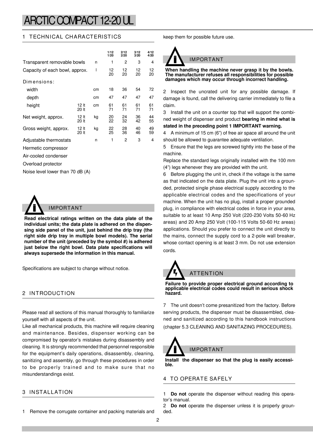 Cecilware 12-20 UL manual Technical Characteristics, Introduction, Installation, To Operate Safely 