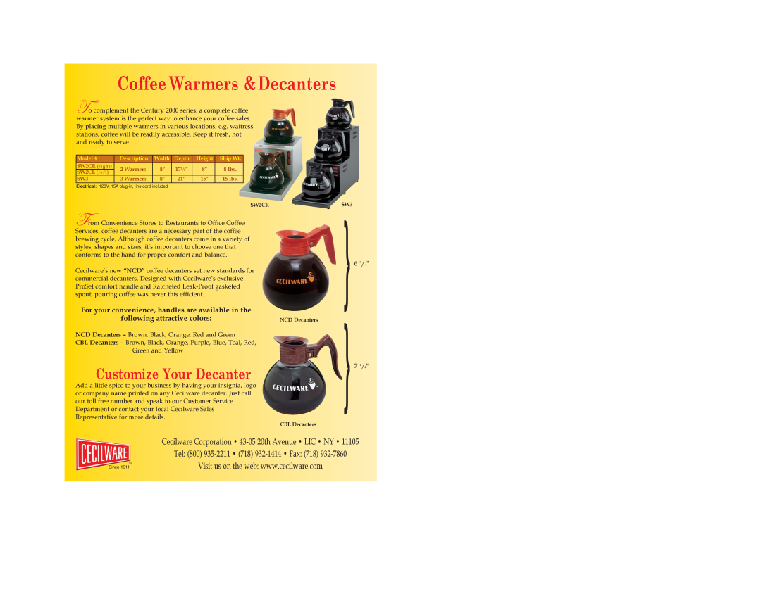 Cecilware 2000 Series manual Coffee Warmers &Decanters, Customize Your Decanter, Tel 800 935-2211 718 932-1414 Fax 