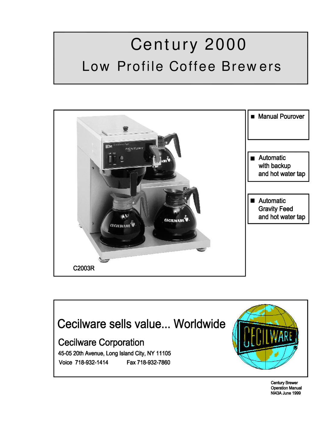 Cecilware 2000 manual Century, Low Profile Coffee Brewers 