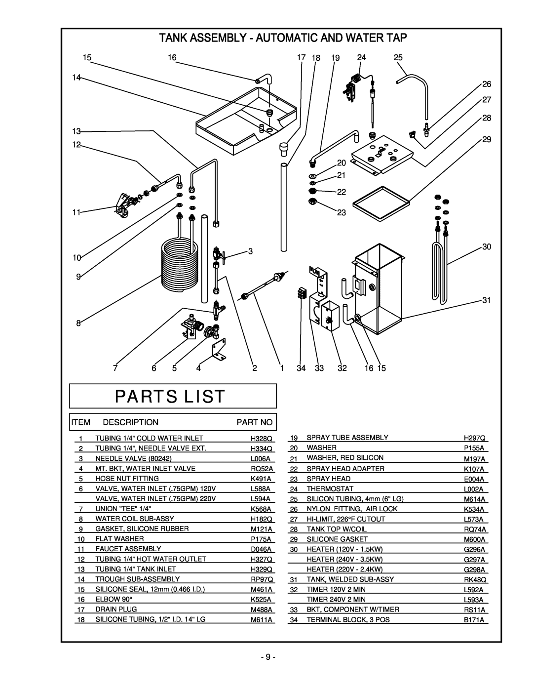 Cecilware 2000 manual Parts List, 1516 14 13 12 11 