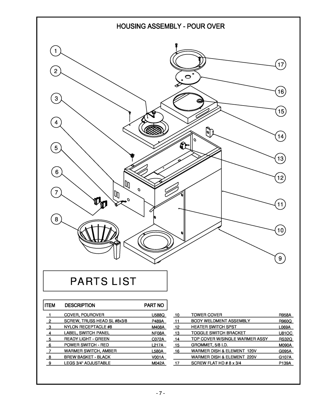 Cecilware 2000 manual Parts List, 1 2 3, 17 16 15 