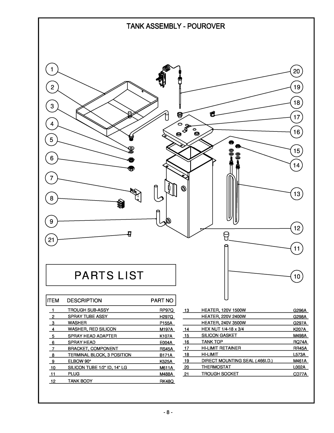 Cecilware 2000 manual Parts List, 1 2 3 4 5 6 7 8, 20 19 18 17 16 15 14, Description 