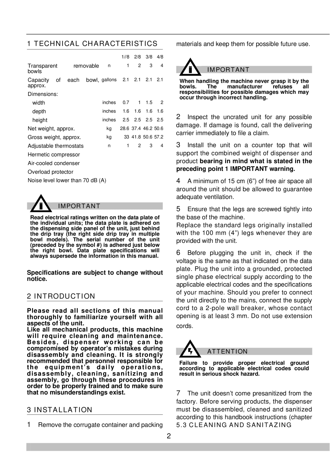 Cecilware 8/1, 8/4 manual Technical Characteristics, Introduction, Installation 