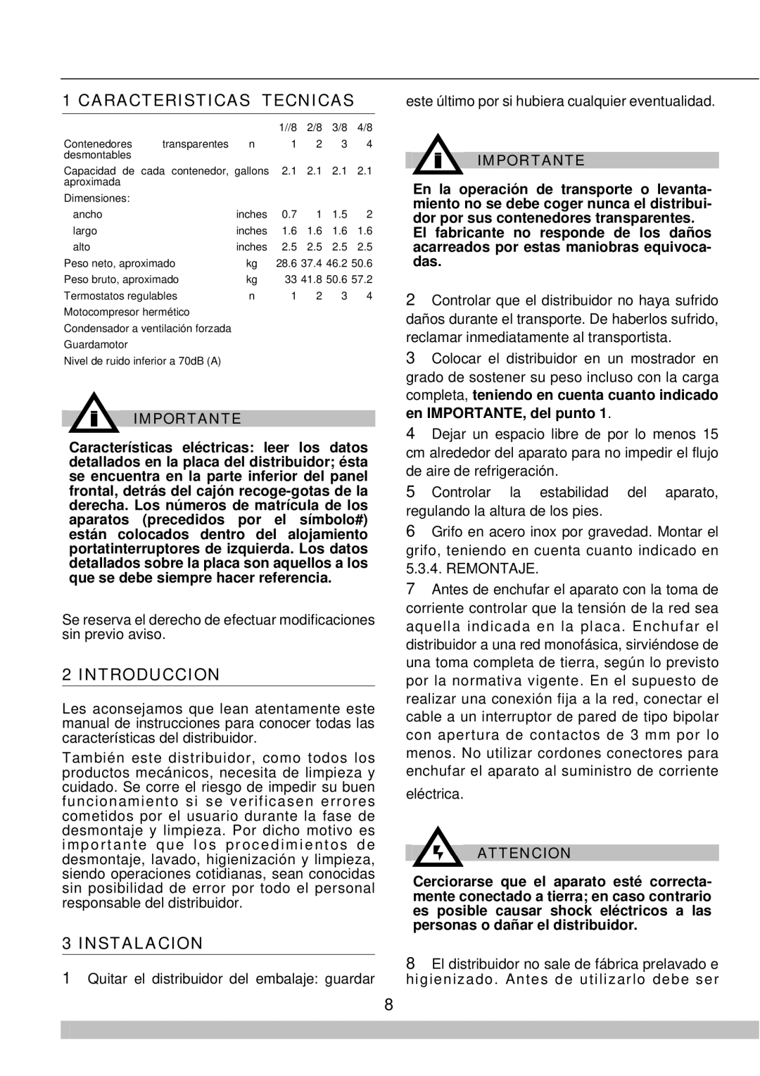 Cecilware 8/1, 8/4 manual Caracteristicas Tecnicas, Introduccion, Instalacion 