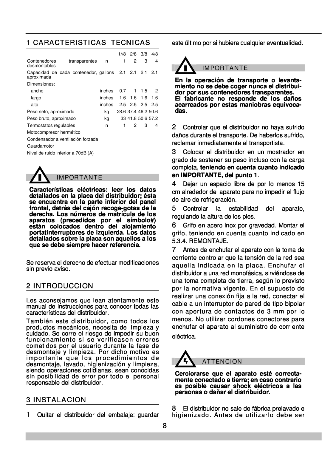 Cecilware 8/1, 8/4 manual Caracteristicas Tecnicas, Introduccion, Instalacion, Importante, Attencion 