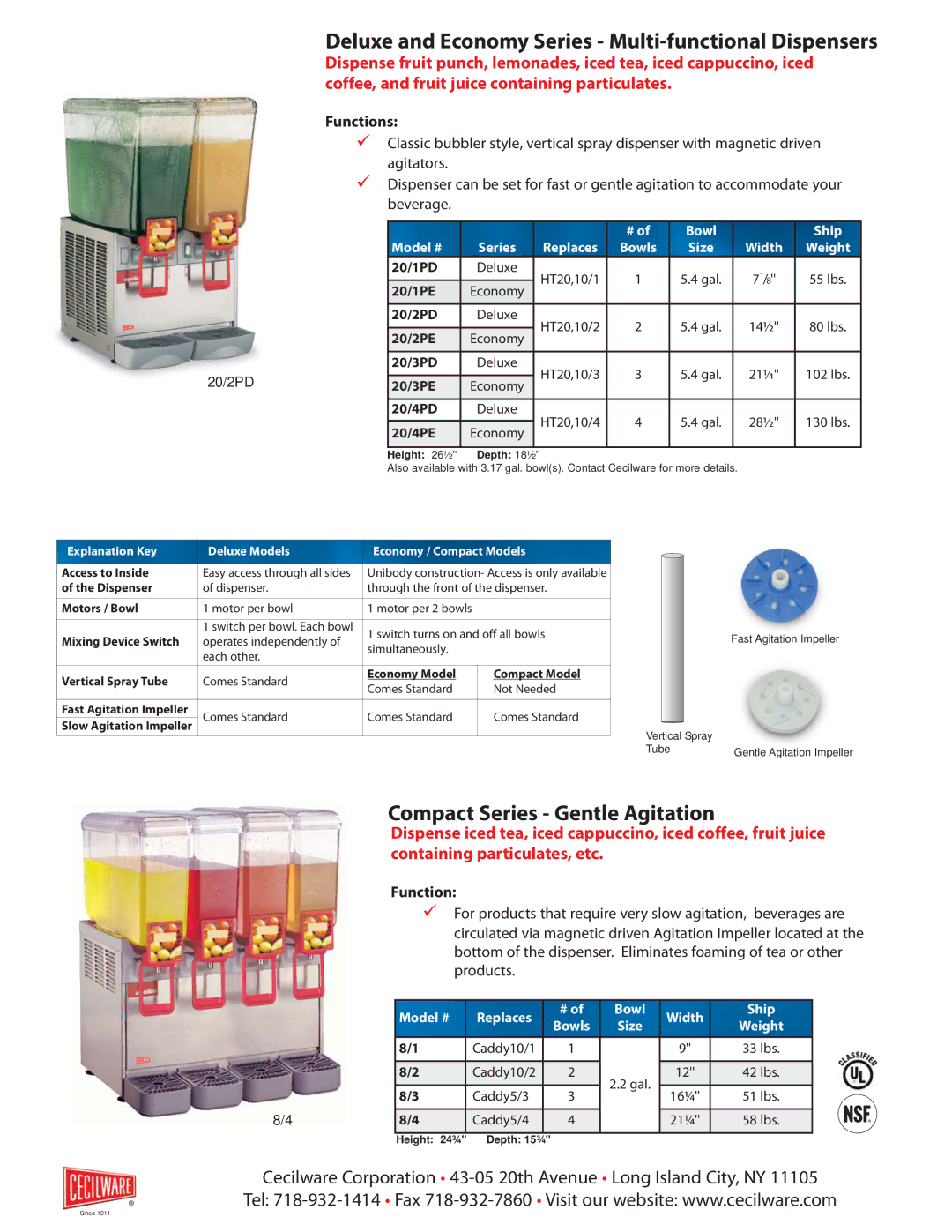 Cecilware Arctic Series Deluxe and Economy Series Multi-functional Dispensers, Compact Series Gentle Agitation, Functions 