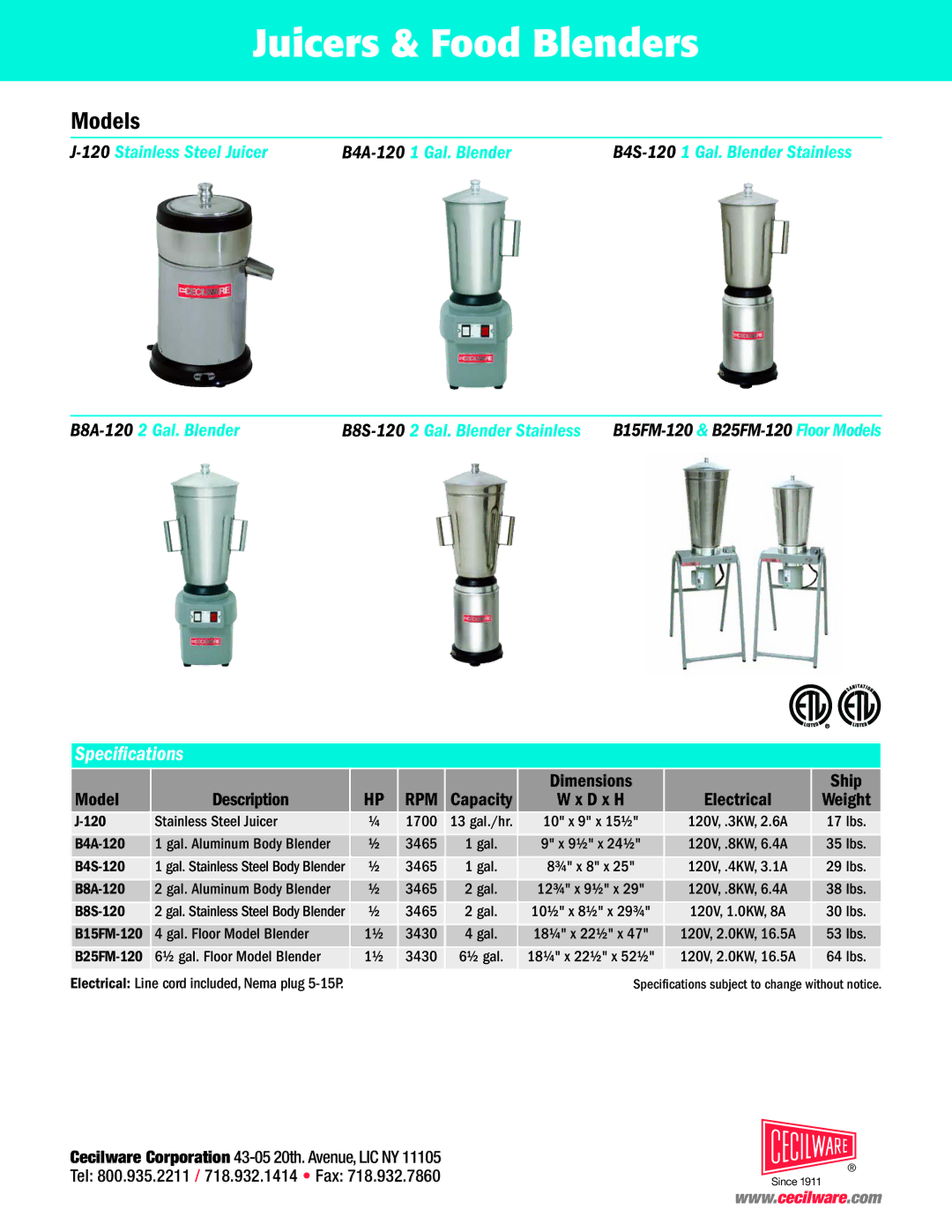 Cecilware B4S-120, B8S-120, B8A-120, B25FM-120, B4A-120, B15FM-120, J-120 Juicers & Food Blenders, Models, Specications, Rpm 