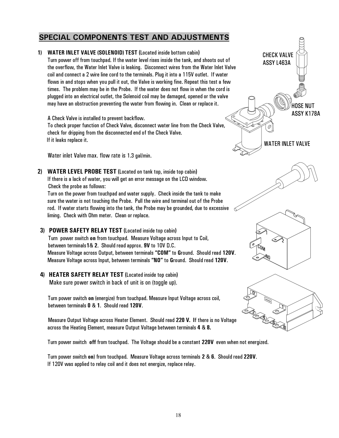 Cecilware BC2-IT, BC301-IT Special Components Test and Adjustments, Power Safety Relay Test Located inside top cabin 