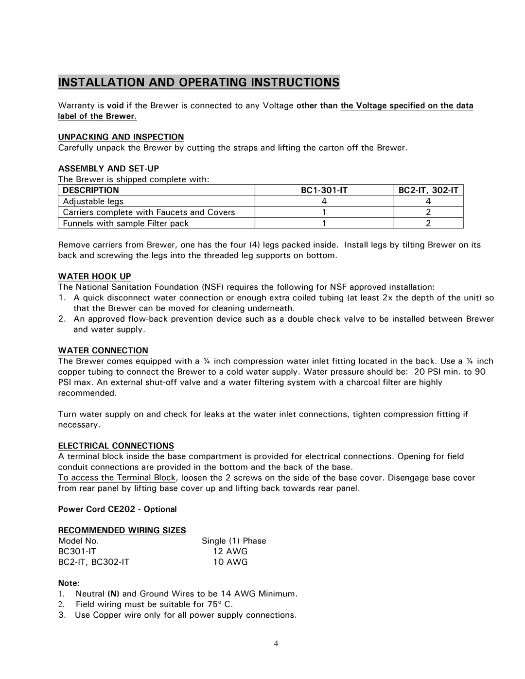 Cecilware BC301-IT, BC2-IT, BC302-IT specifications Installation and Operating Instructions 