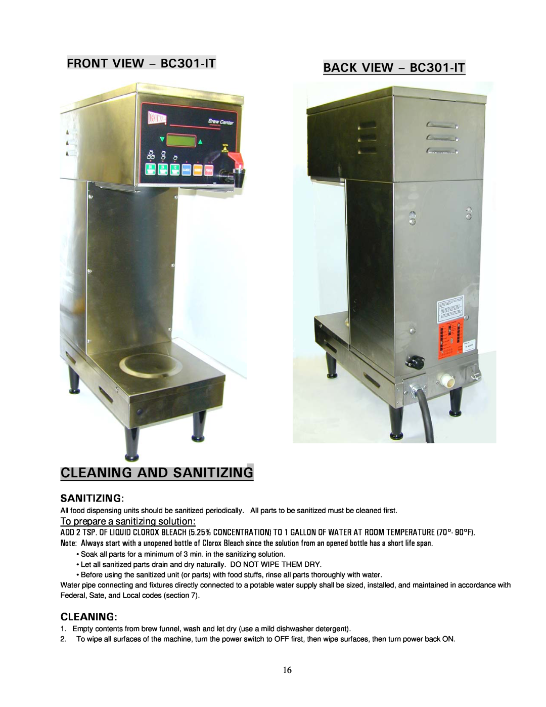 Cecilware BC2-IT FRONT VIEW - BC301-IT, BACK VIEW - BC301-IT, Sanitizing, To prepare a sanitizing solution, Cleaning 