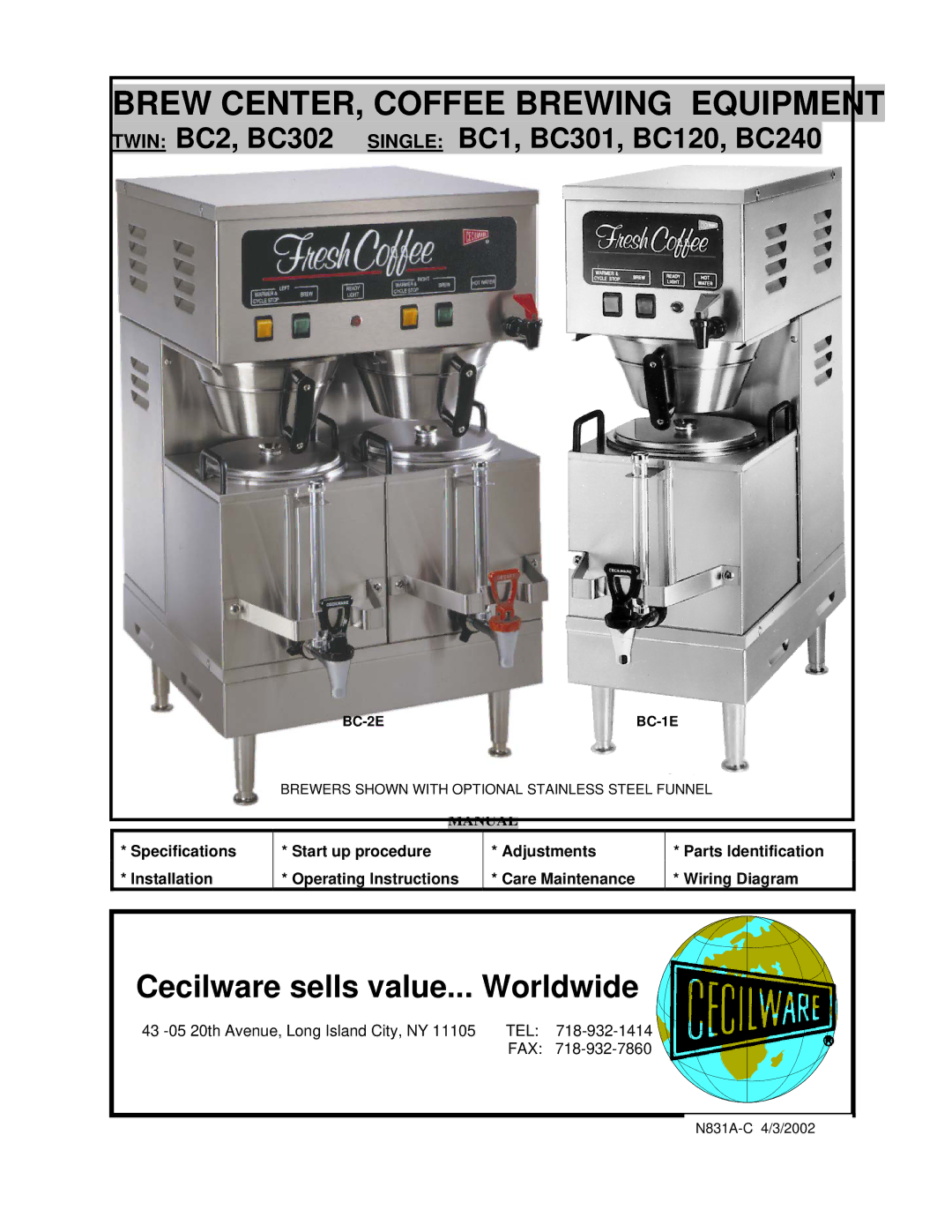 Cecilware BC301, BC302, BC120, BC240 specifications Brew CENTER, Coffee Brewing Equipment, Wiring Diagram 