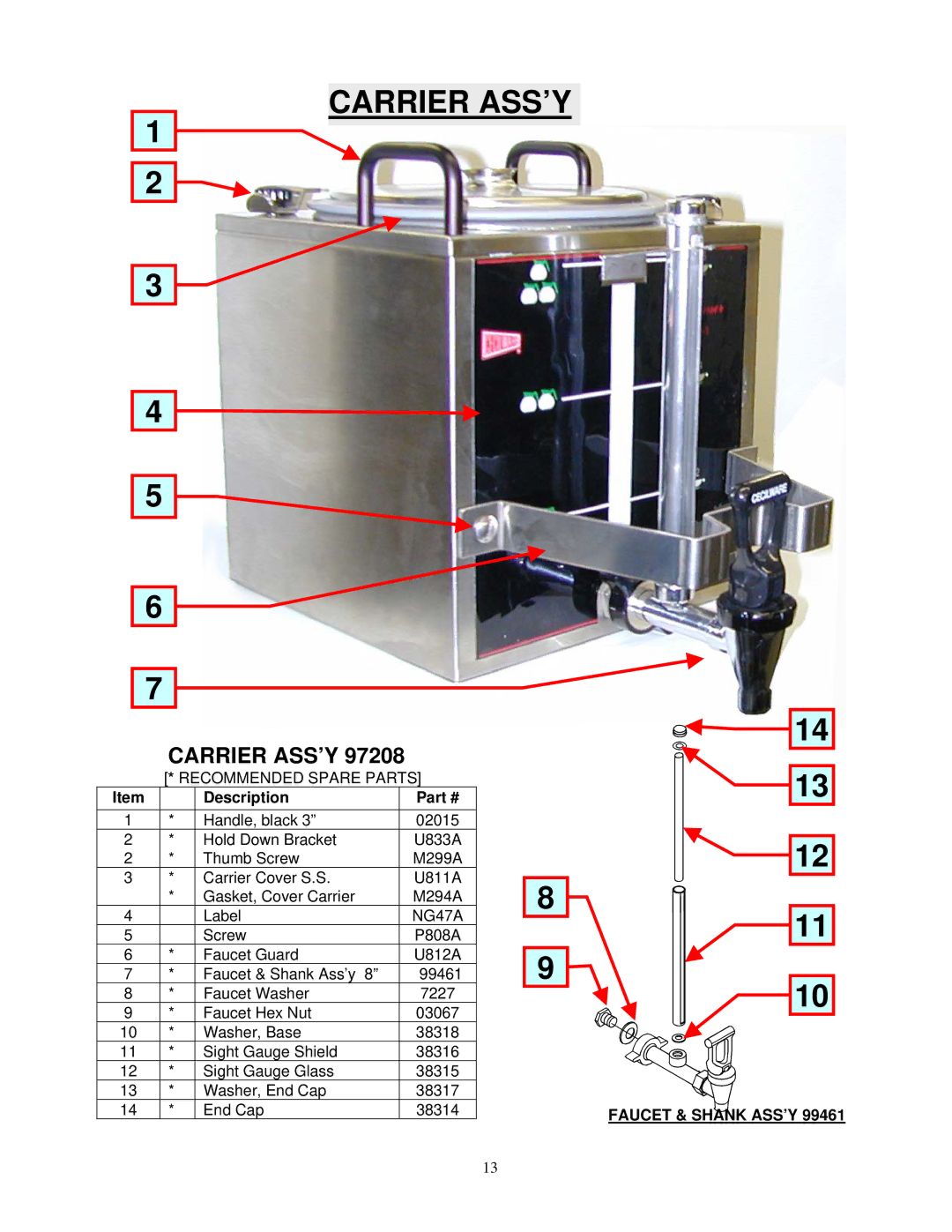 Cecilware BC301, BC302, BC120, BC240 specifications Carrier ASS’Y, Description, NG47A, Faucet & Shank ASS’Y 