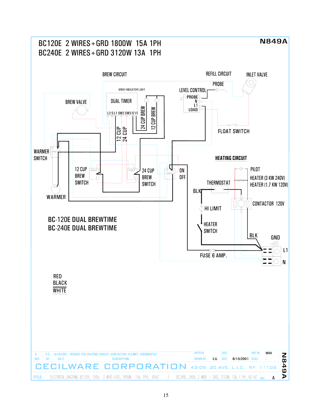 Cecilware BC302, BC301, BC120, BC240 specifications BC-120E Dual Brewtime BC-240E Dual Brewtime 