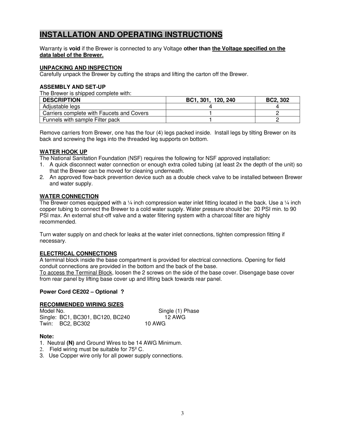 Cecilware BC302, BC301, BC120, BC240 specifications Installation and Operating Instructions 