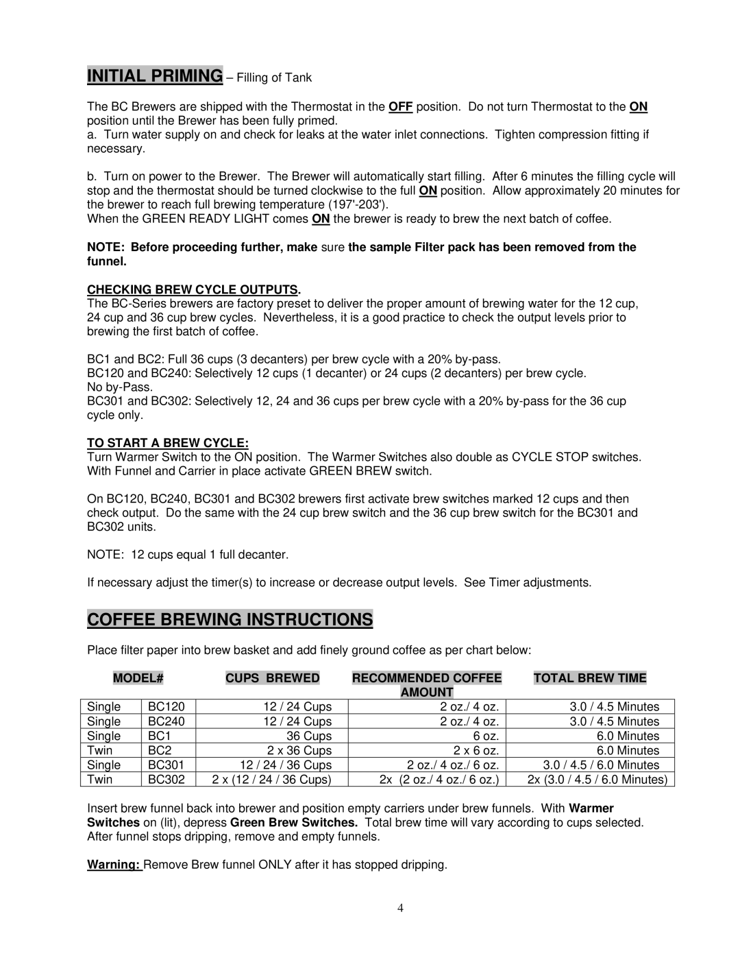 Cecilware BC120, BC302, BC301, BC240 Coffee Brewing Instructions, Checking Brew Cycle Outputs, To Start a Brew Cycle 