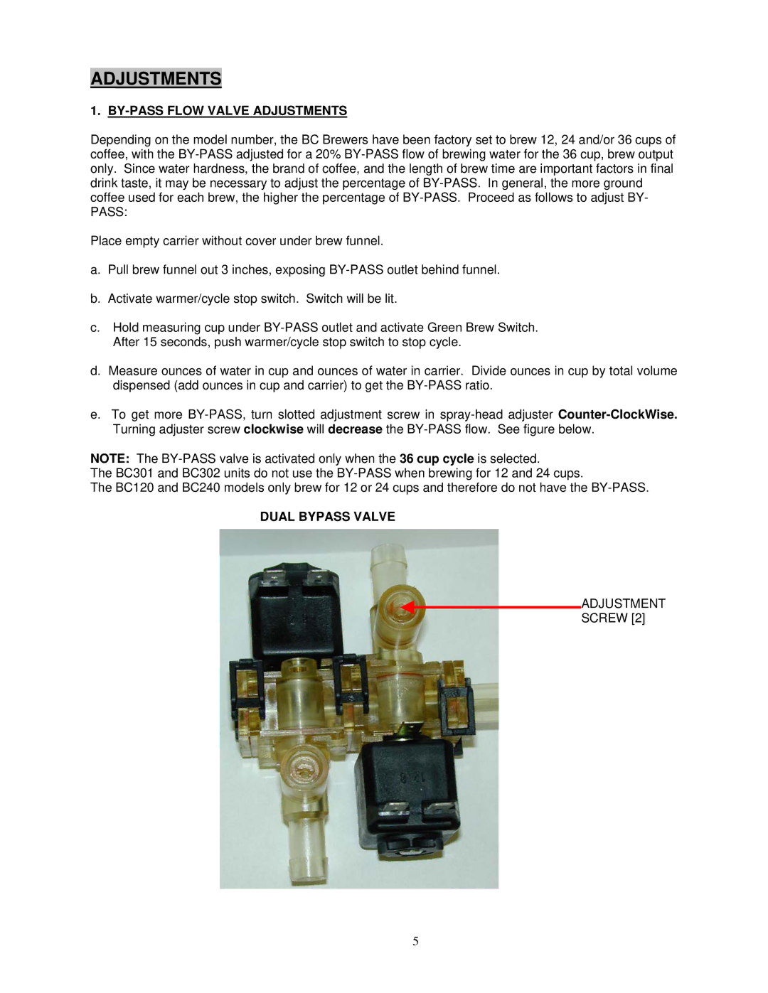 Cecilware BC240, BC302, BC301, BC120 specifications BY-PASS Flow Valve Adjustments, Dual Bypass Valve, Adjustment Screw 