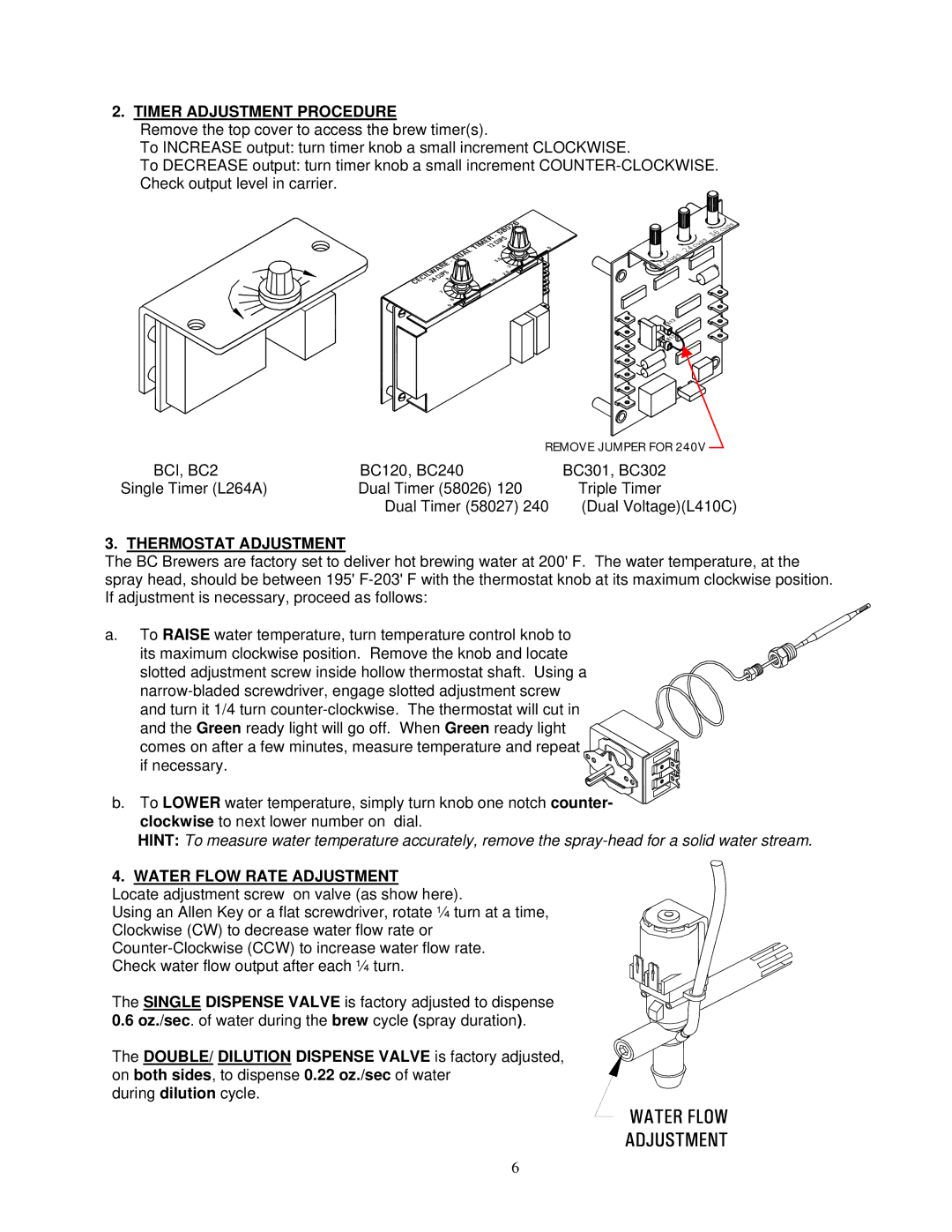 Cecilware BC302, BC301, BC120 Timer Adjustment Procedure, BCI, BC2, Thermostat Adjustment, Water Flow Rate Adjustment 