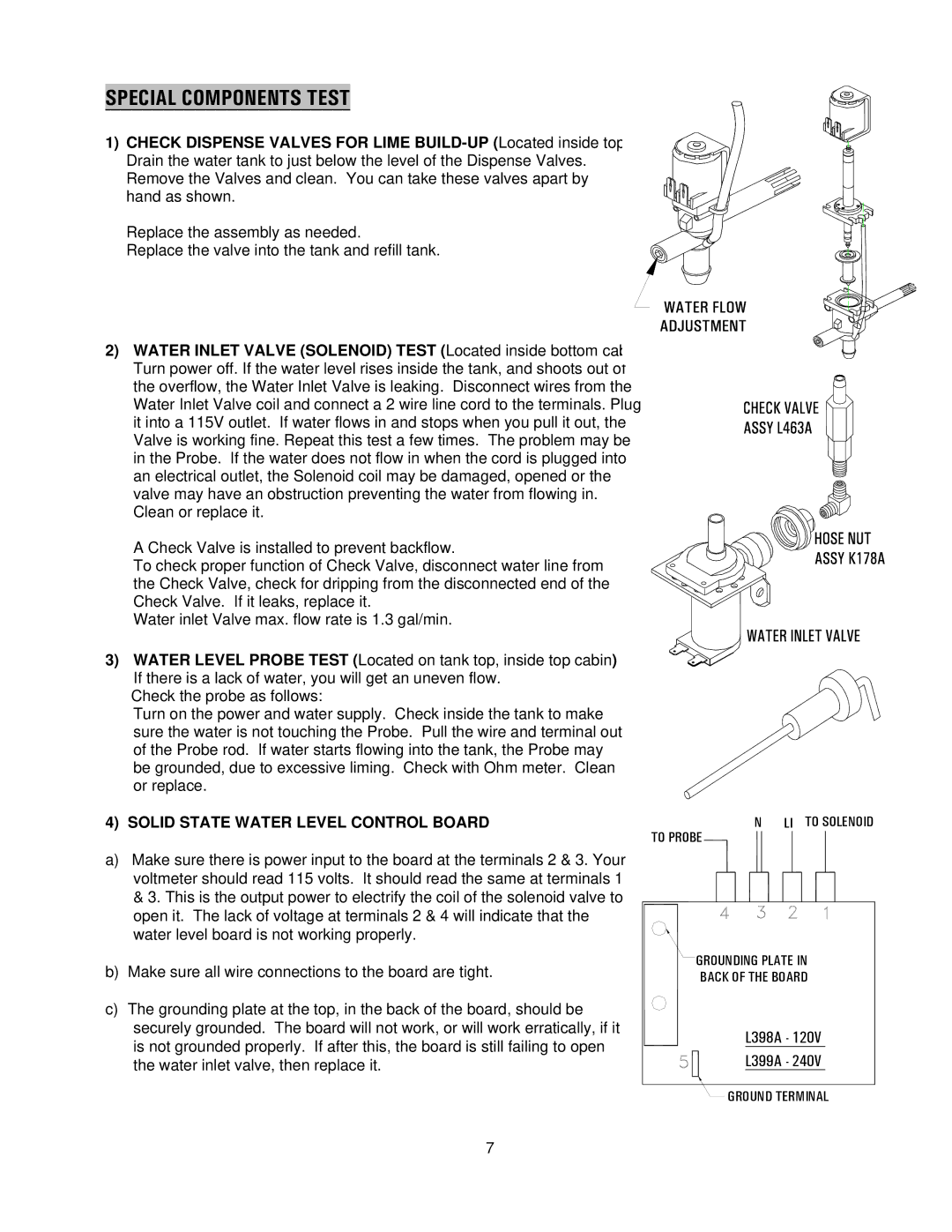 Cecilware BC301, BC302, BC120, BC240 specifications Special Components Test, Solid State Water Level Control Board 