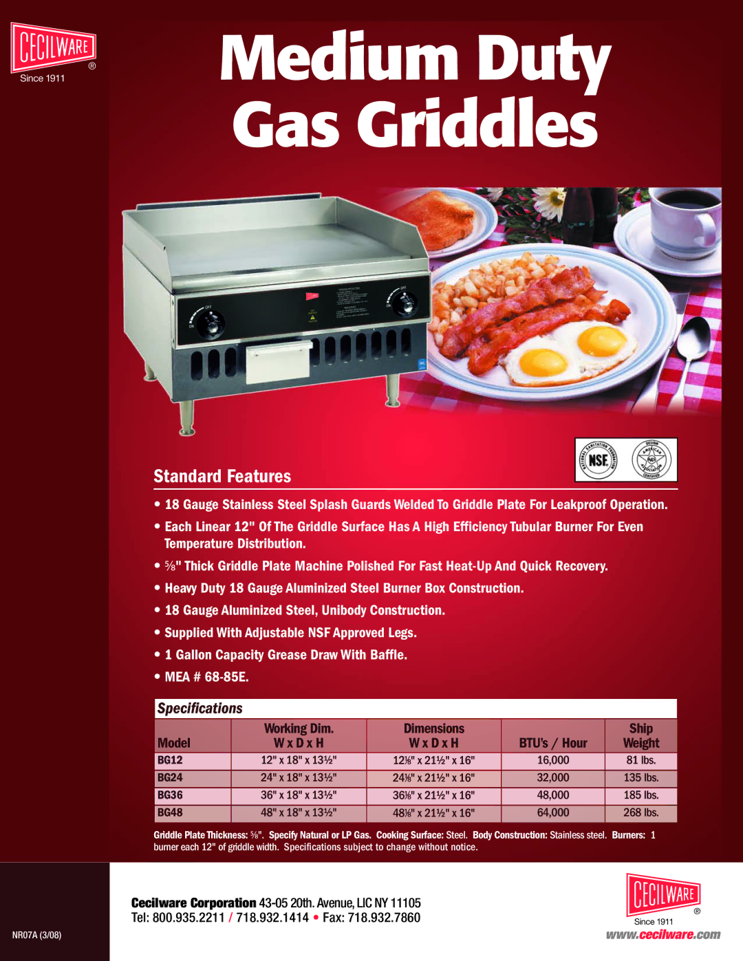 Cecilware BG24, BG48, BG36, BG12 specifications Medium Duty Gas Griddles, Standard Features, Specications, Model 