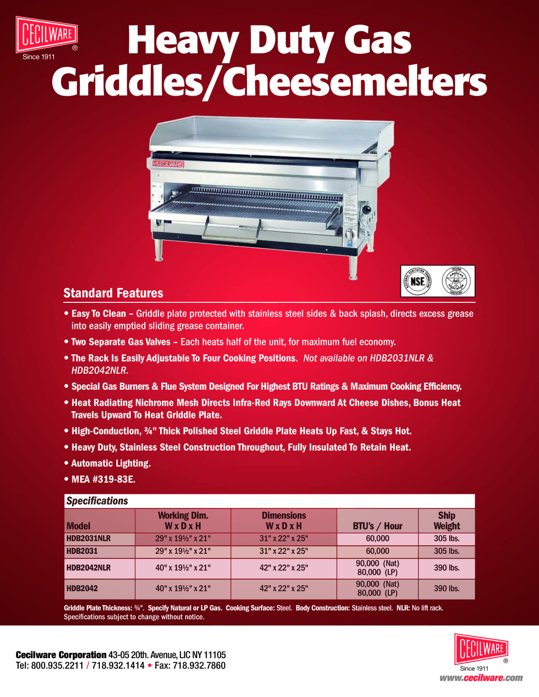 Cecilware BG36, BG48, BG24, BG12 specifications Heavy Duty Gas, Griddles/Cheesemelters, HDB2031NLR, HDB2042NLR 