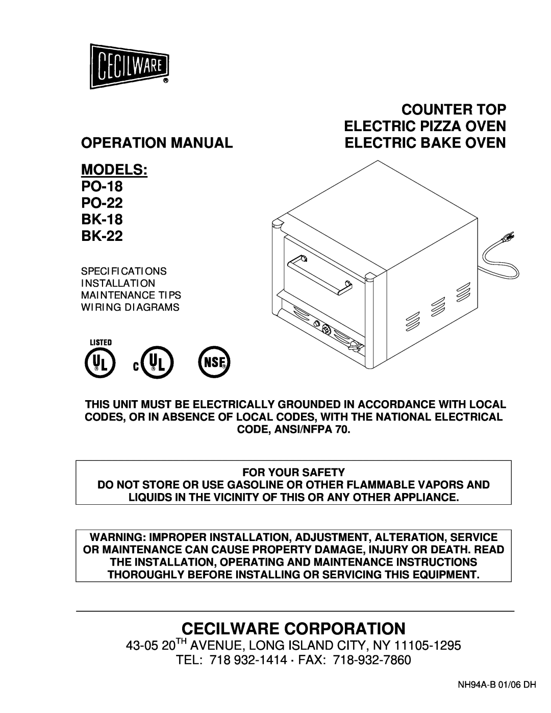 Cecilware BK-18, BK-22 operation manual Cecilware Corporation, Counter Top, Electric Pizza Oven, Electric Bake Oven 
