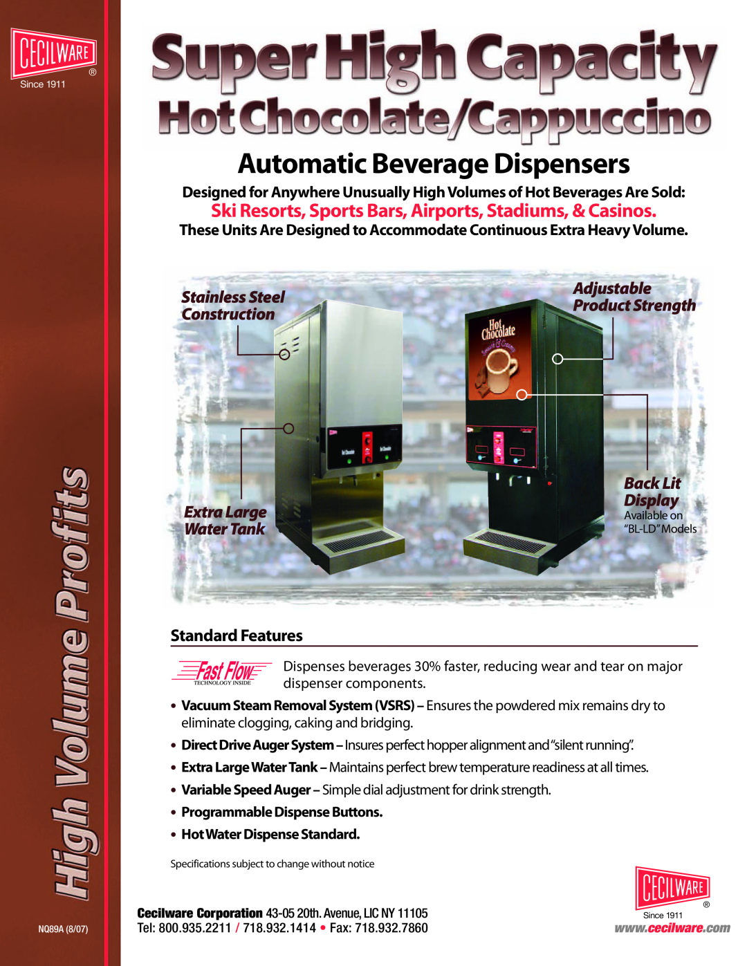 Cecilware BL-LD specifications Standard Features, Automatic Beverage Dispensers, Stainless Steel, Adjustable, Construction 