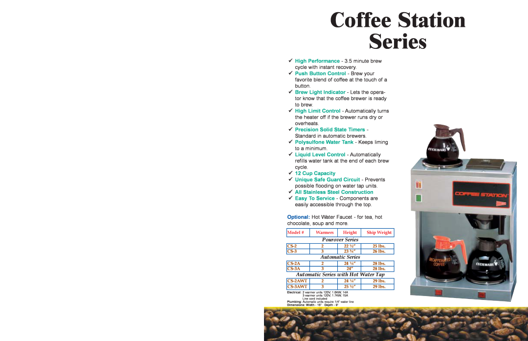 Cecilware BT-3A 3 25" 29 lbs manual Coffee Station Series, Pourover Series, Automatic Series with Hot Water Tap 