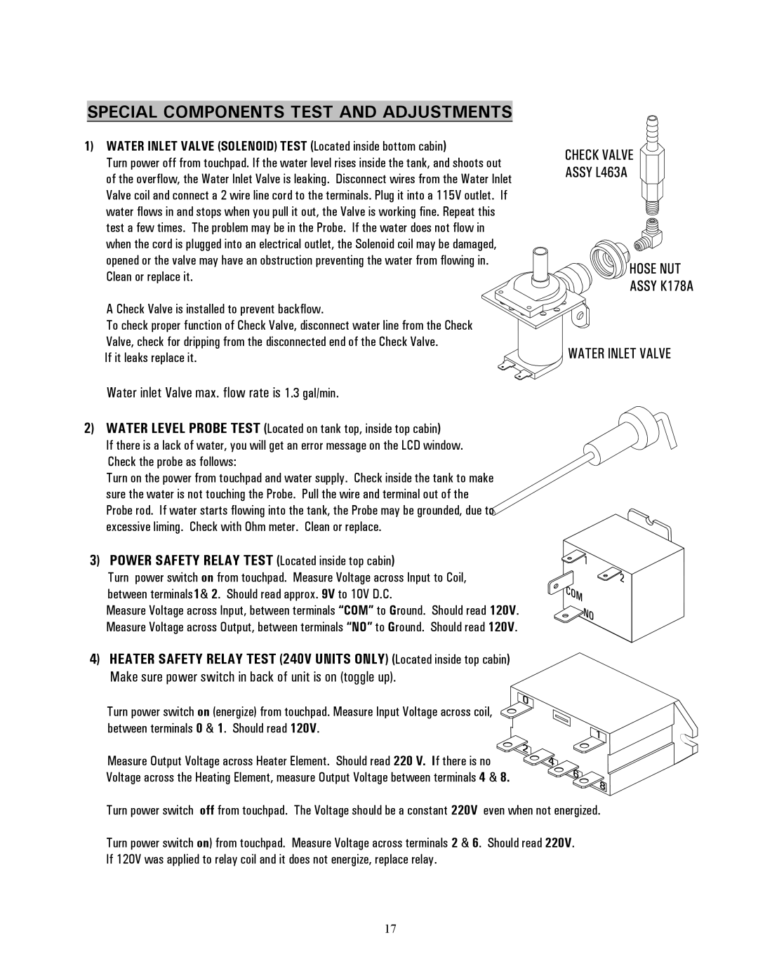 Cecilware C-2003LG-IT Special Components Test and Adjustments, Power Safety Relay Test Located inside top cabin 