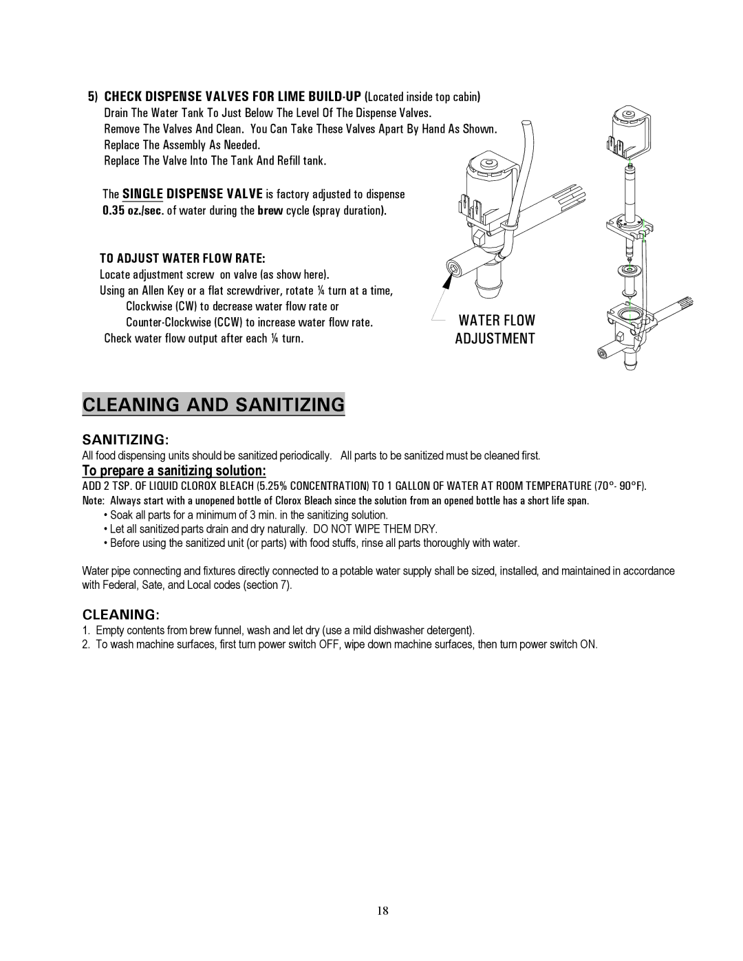 Cecilware C-2003G-IT, C-2003RG-IT, C-2003LG-IT specifications To prepare a sanitizing solution, To Adjust Water Flow Rate 