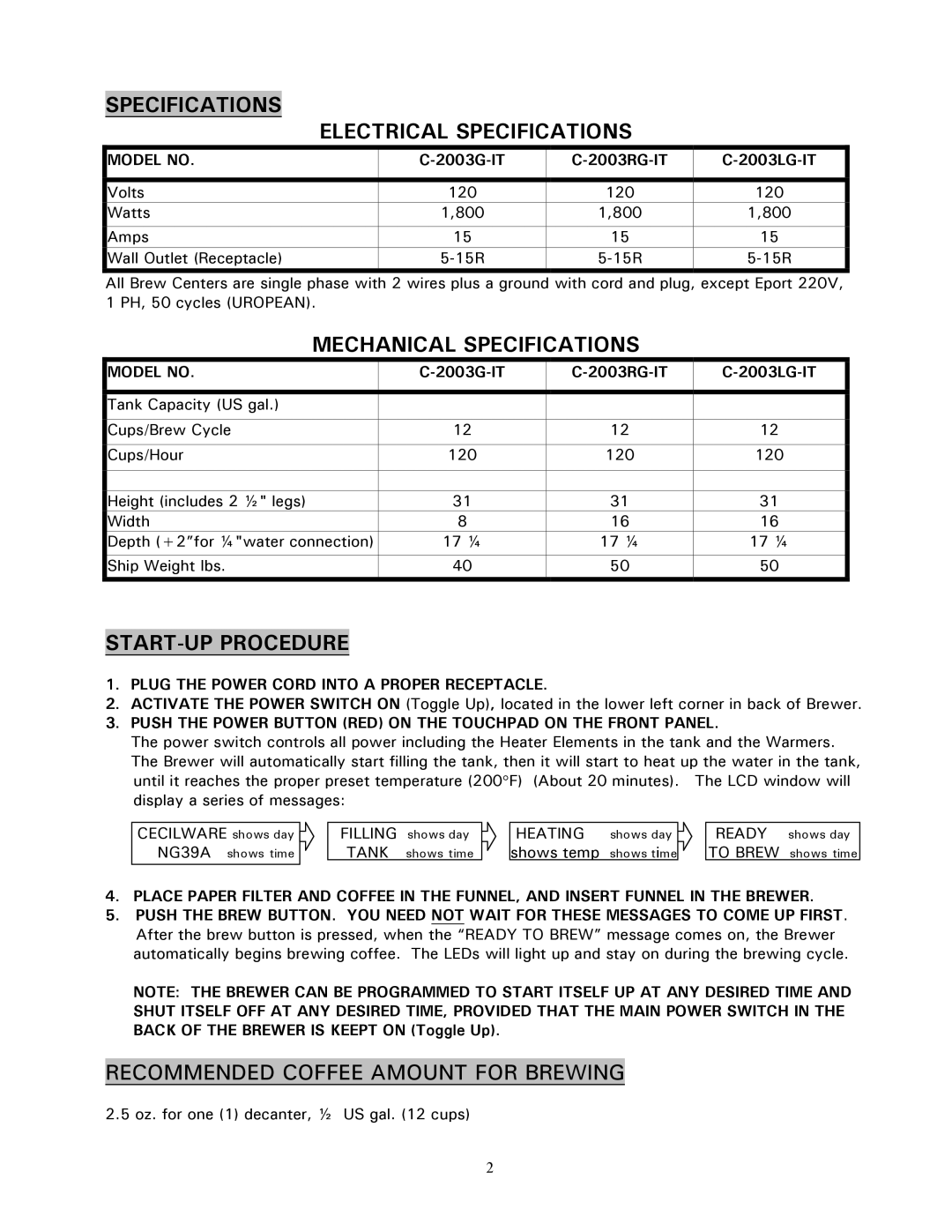 Cecilware C-2003LG-IT Specifications Electrical Specifications, Mechanical Specifications, START-UP Procedure, Model no 