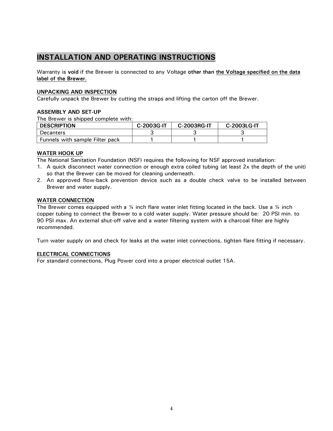 Cecilware C-2003RG-IT, C-2003G-IT, C-2003LG-IT specifications Installation and Operating Instructions 