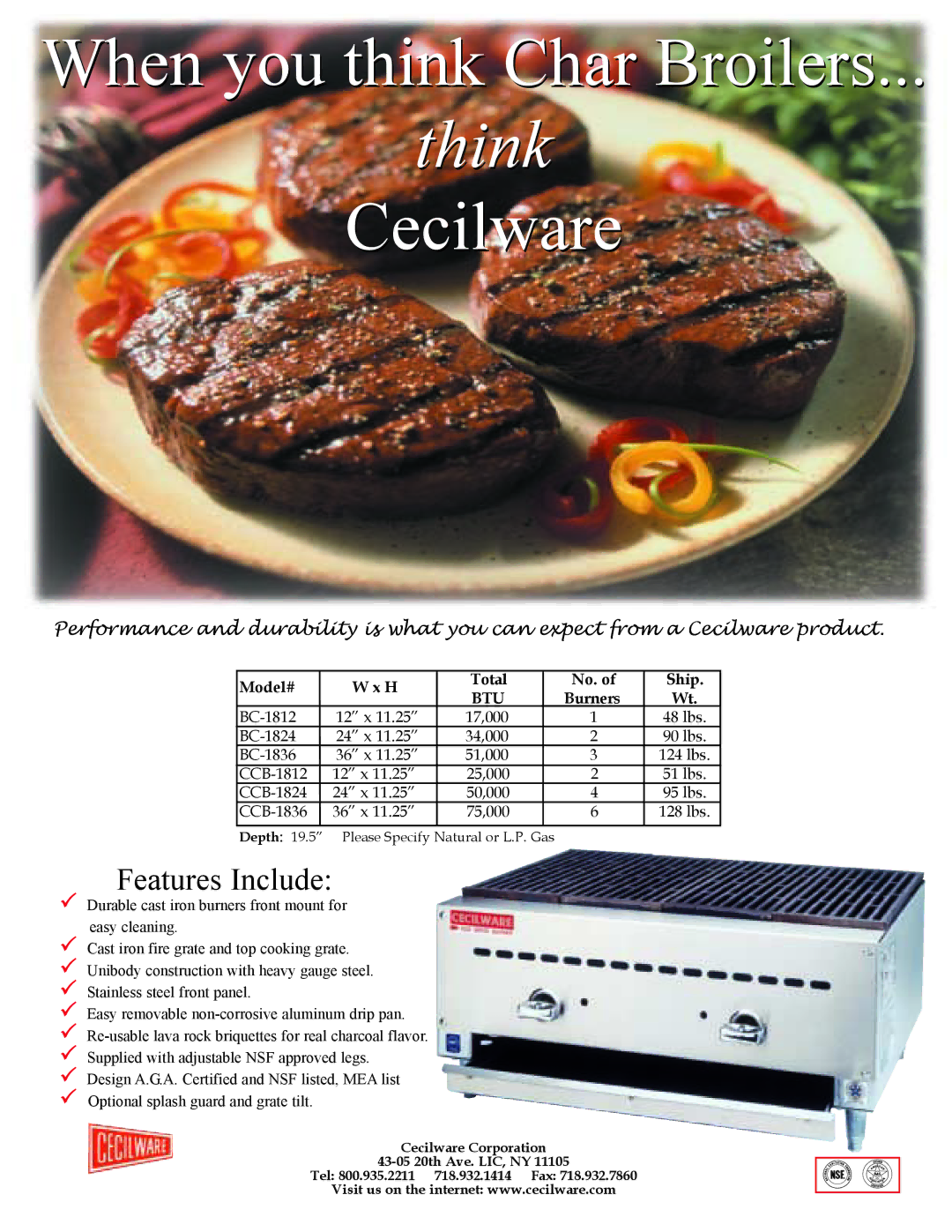 Cecilware BC-1812, CCB-1836, BC-1836, CCB-1824 manual When you think Char Broilers, Think, Cecilware, Features Include, Btu 