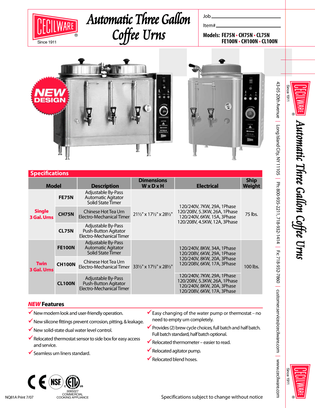 Cecilware FE100N, CL100N, CL75N, FE75N, CH75N, CH100N specifications NEW Features, Model Description, Electrical 