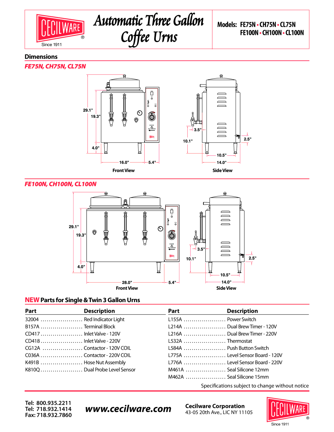 Cecilware CL75N, CL100N, FE100N, FE75N, CH75N, CH100N specifications Dimensions, Part Description 