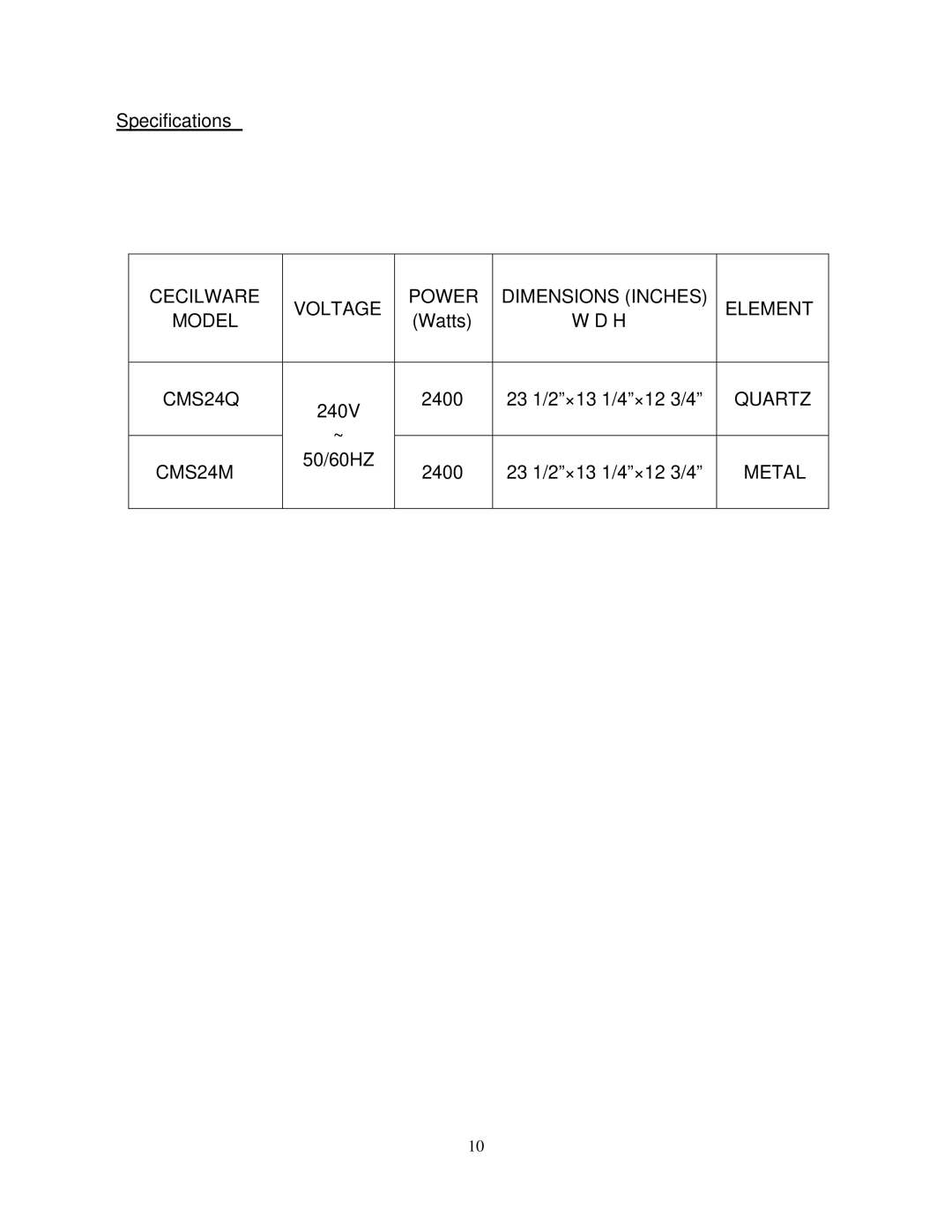 Cecilware CMS24M, CMS24Q operation manual Specifications 