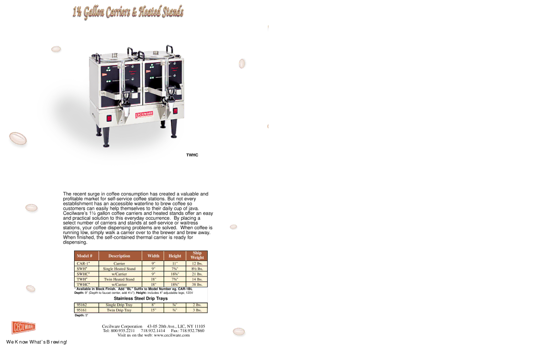 Cecilware Coffee Brewers manual Model Description Width Height, Odel # Description Width Height 