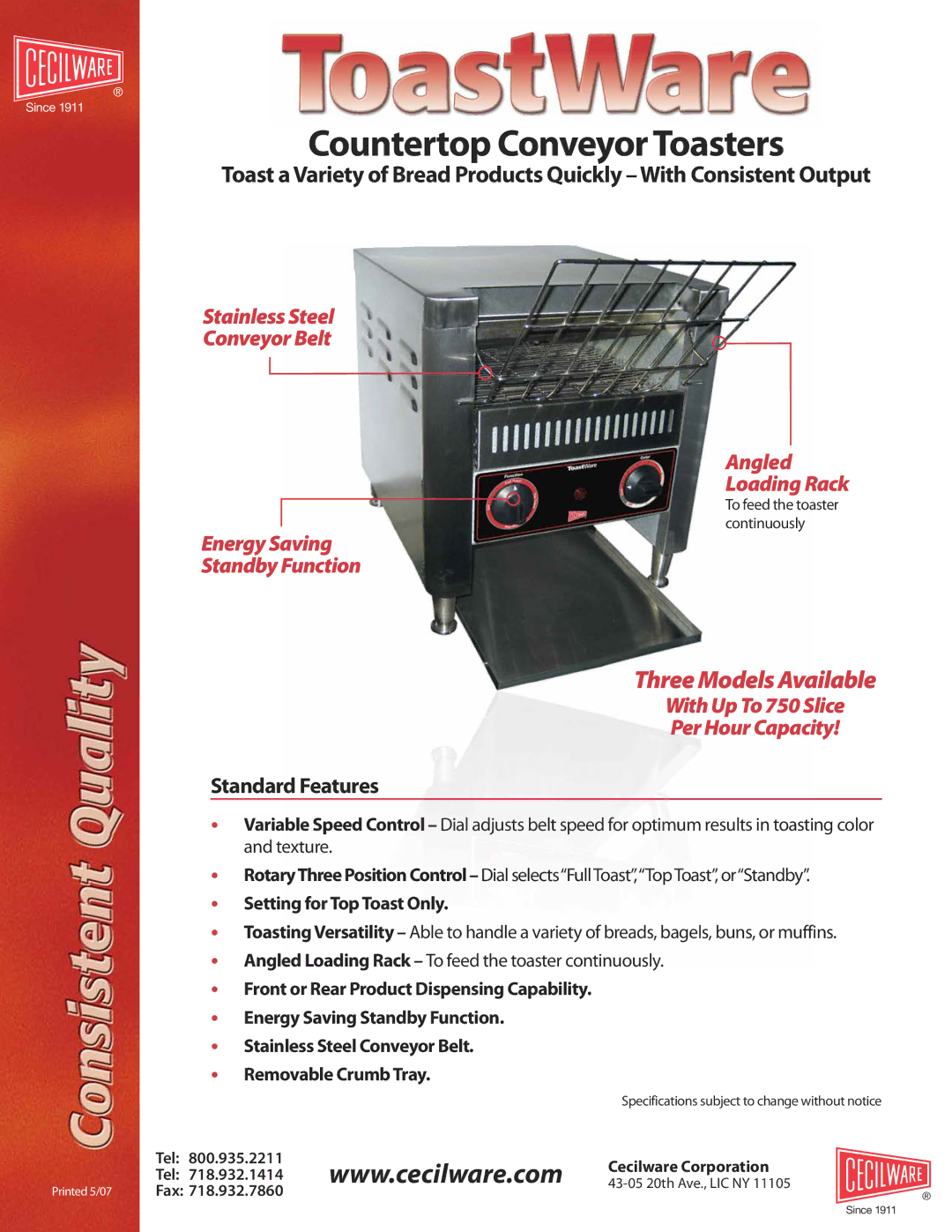 Cecilware specifications Countertop Conveyor Toasters 