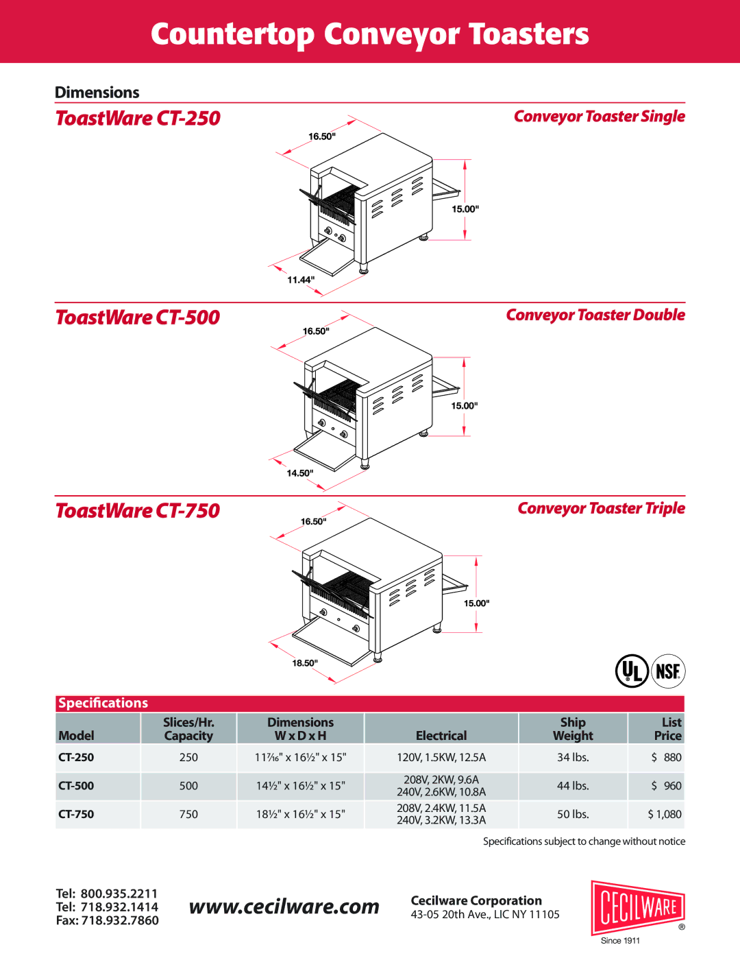 Cecilware specifications Countertop Conveyor Toasters 