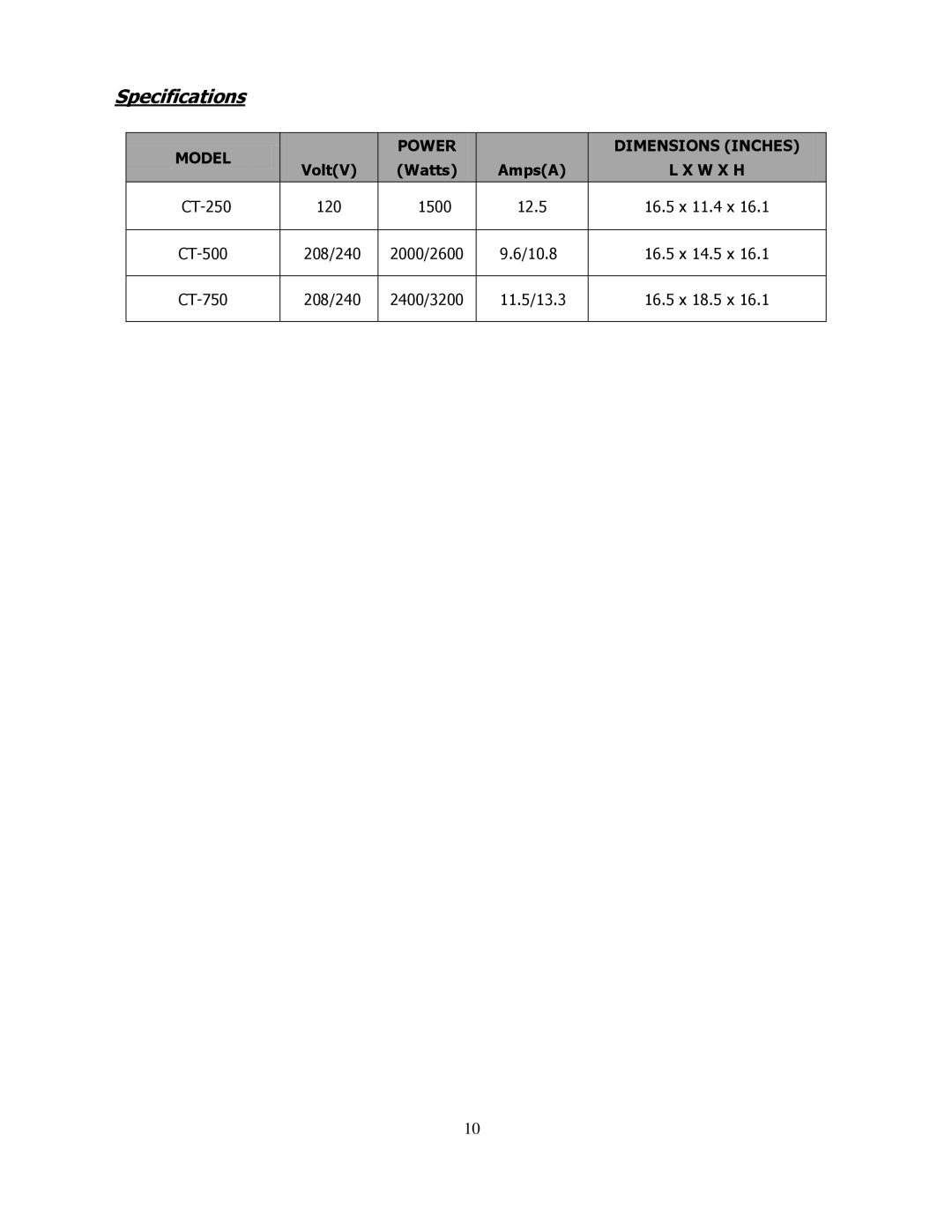 Cecilware CT-750, CT-250, CT-500 operation manual Specifications, W X H 