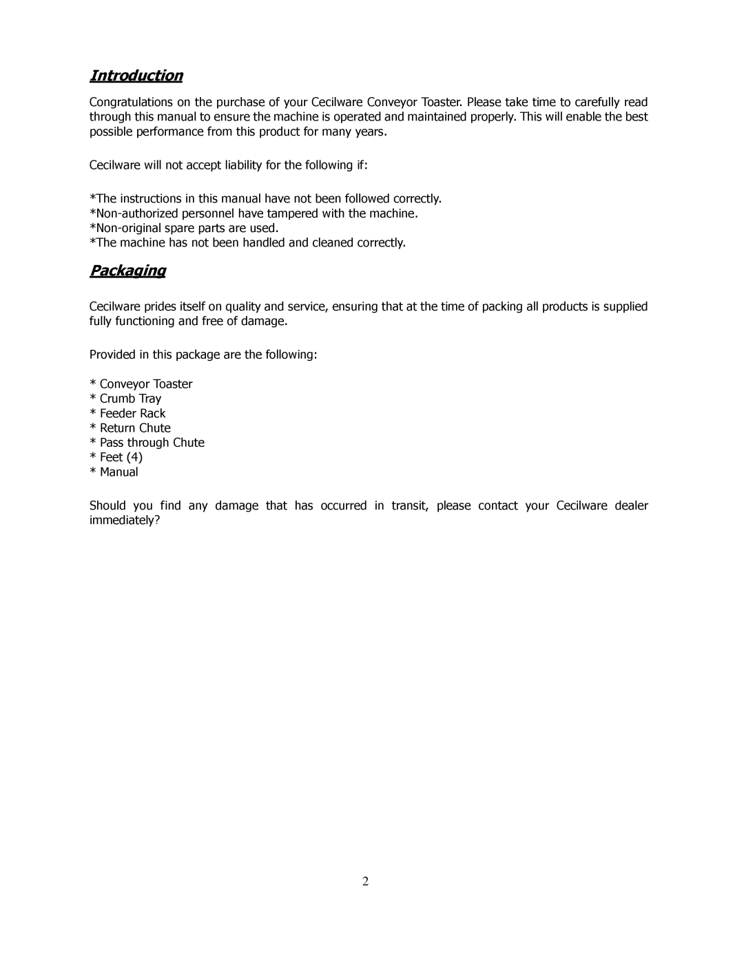 Cecilware CT-250, CT-500, CT-750 operation manual Introduction, Packaging 