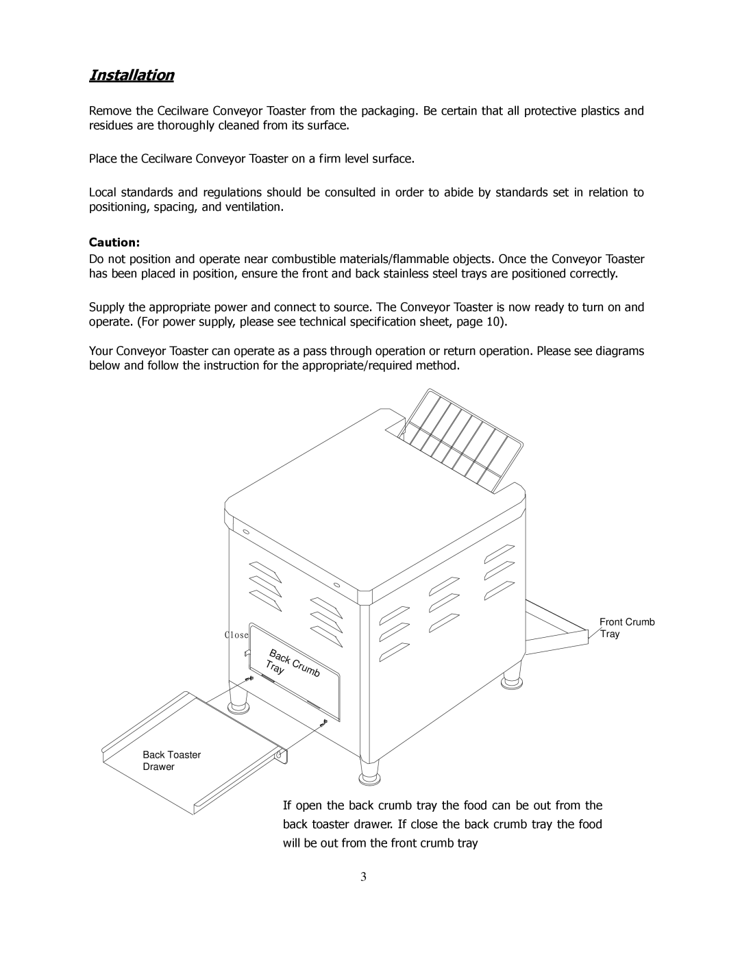 Cecilware CT-500, CT-250, CT-750 operation manual Installation, Tray 