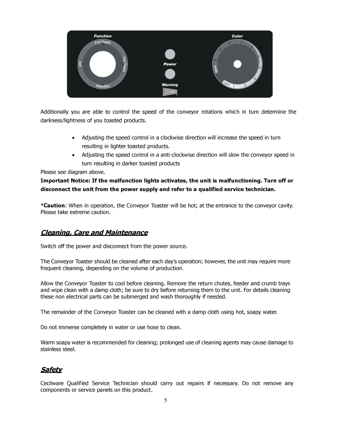 Cecilware CT-250, CT-500, CT-750 operation manual Cleaning, Care and Maintenance, Safety 