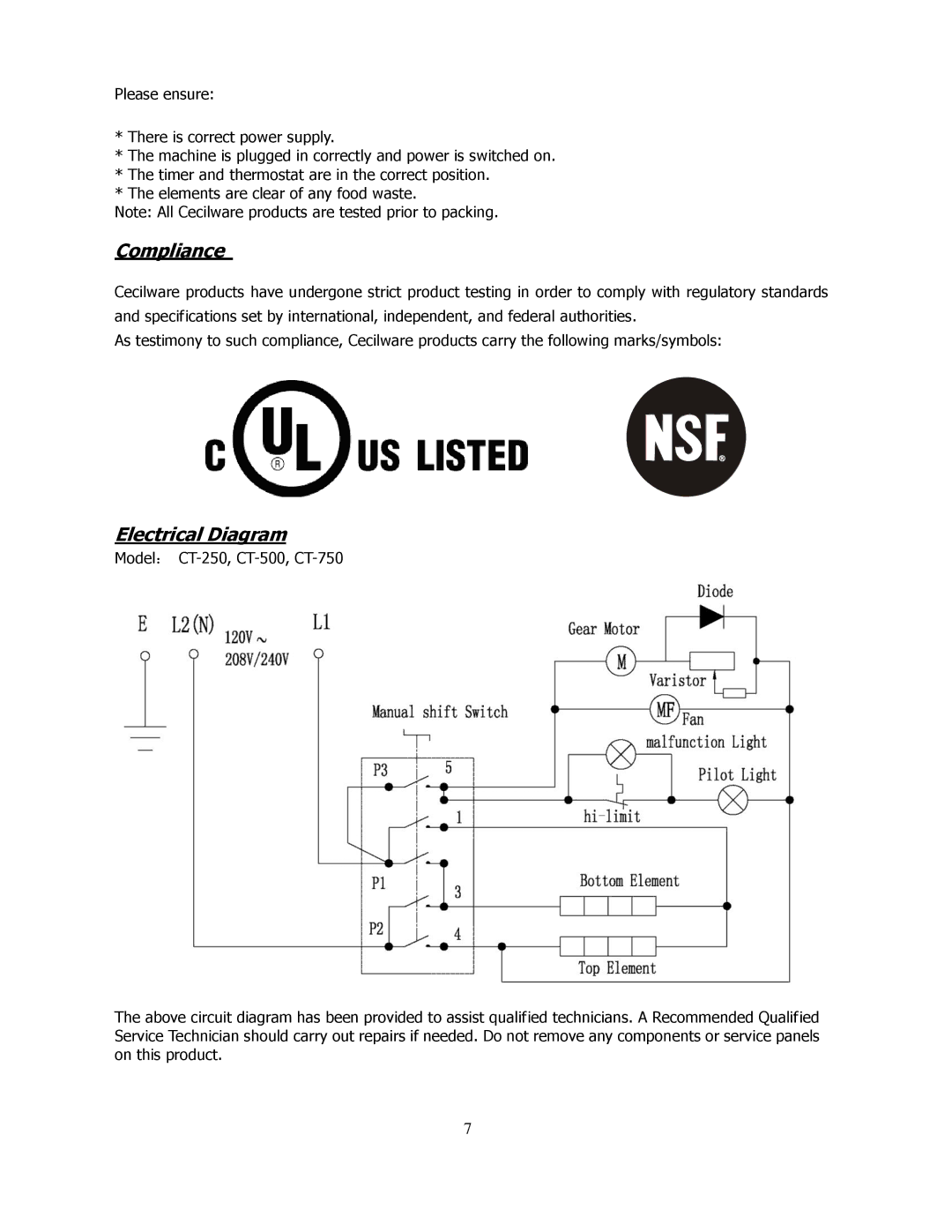 Cecilware CT-750, CT-250, CT-500 operation manual Compliance, Electrical Diagram 